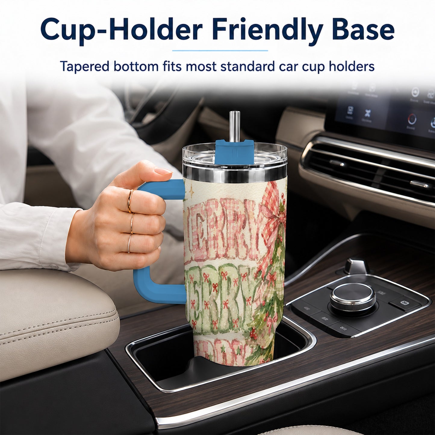 #pl[40oz|Blue] Pink Gingham Christmas Tree 40oz Tumbler with Handle, Holiday Travel Cup