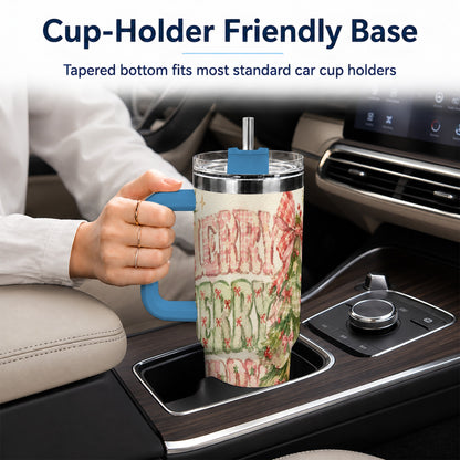 #pl[40oz|Blue] Pink Gingham Christmas Tree 40oz Tumbler with Handle, Holiday Travel Cup