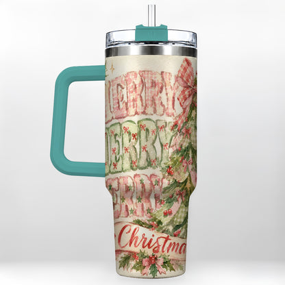 #pl[40oz|Green] Pink Gingham Christmas Tree 40oz Tumbler with Handle, Holiday Travel Cup