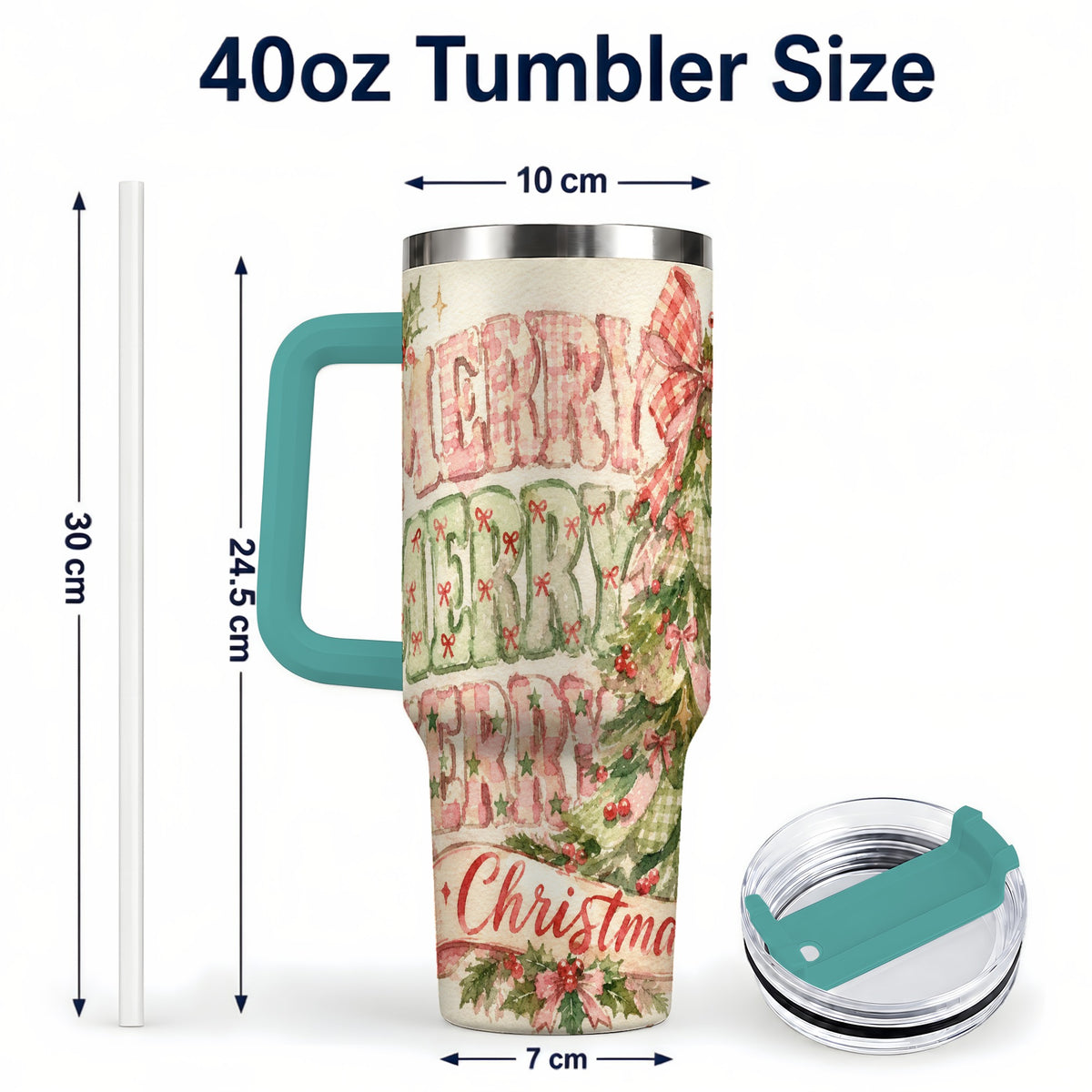 #pl[40oz|Green] Pink Gingham Christmas Tree 40oz Tumbler with Handle, Holiday Travel Cup