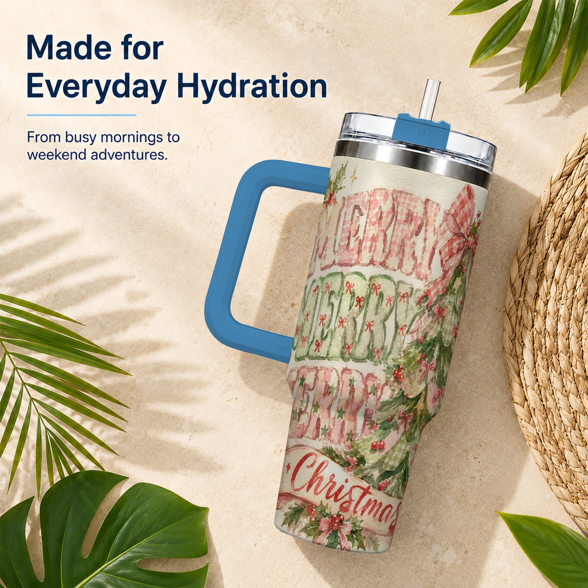 #pl[40oz|Blue] Pink Gingham Christmas Tree 40oz Tumbler with Handle, Holiday Travel Cup