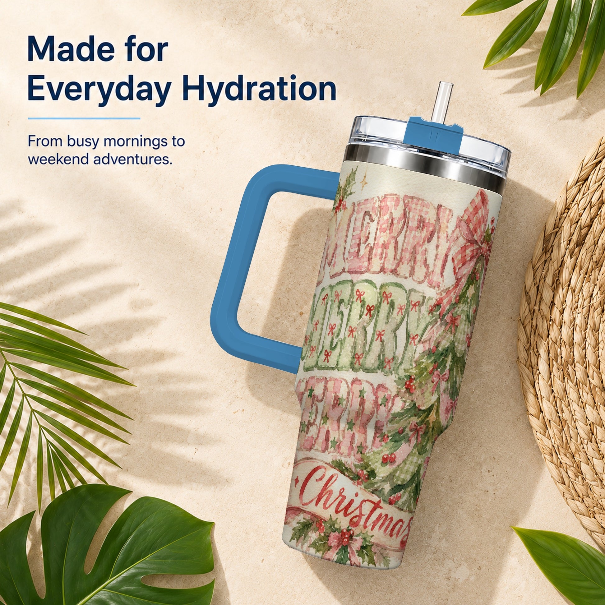#pl[40oz|Blue] Pink Gingham Christmas Tree 40oz Tumbler with Handle, Holiday Travel Cup