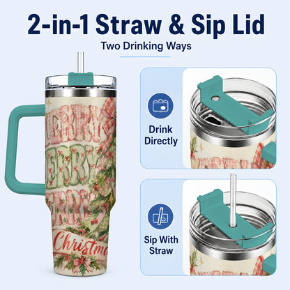 #pl[40oz|Green] Pink Gingham Christmas Tree 40oz Tumbler with Handle, Holiday Travel Cup