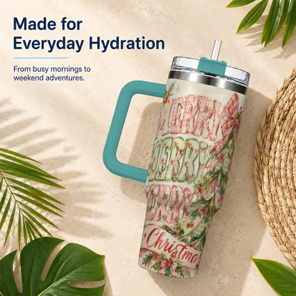 #pl[40oz|Green] Pink Gingham Christmas Tree 40oz Tumbler with Handle, Holiday Travel Cup