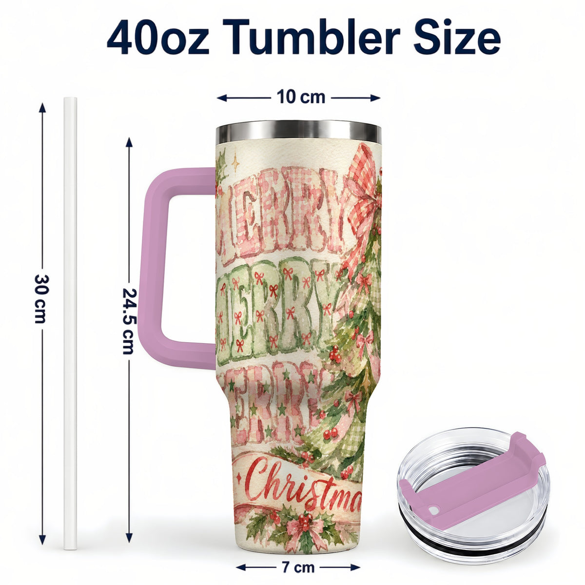#pl[40oz|Pink] Pink Gingham Christmas Tree 40oz Tumbler with Handle, Holiday Travel Cup