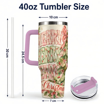 #pl[40oz|Pink] Pink Gingham Christmas Tree 40oz Tumbler with Handle, Holiday Travel Cup