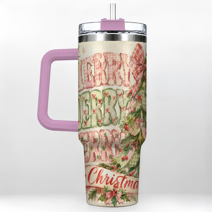 #pl[40oz|Pink] Pink Gingham Christmas Tree 40oz Tumbler with Handle, Holiday Travel Cup