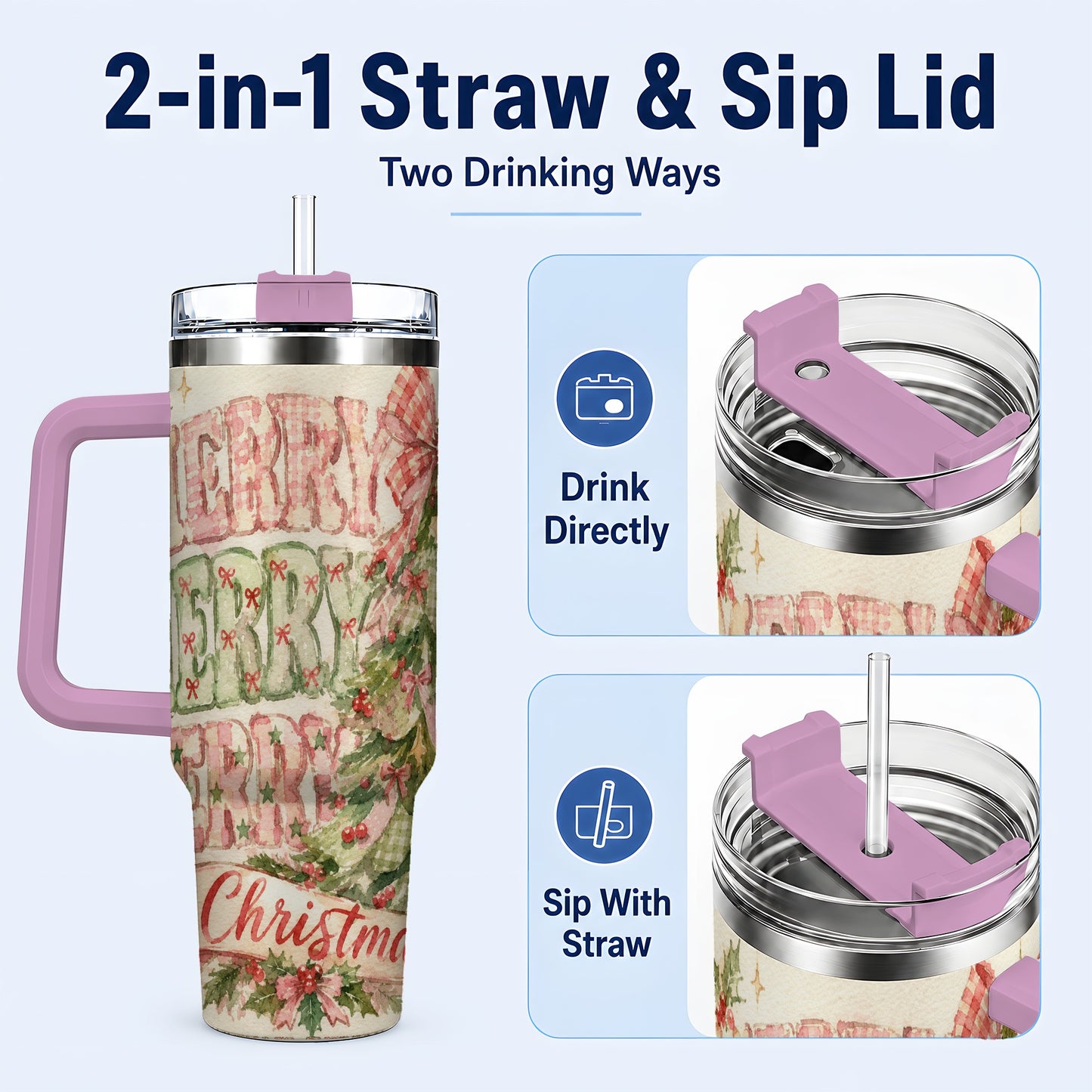 #pl[40oz|Pink] Pink Gingham Christmas Tree 40oz Tumbler with Handle, Holiday Travel Cup