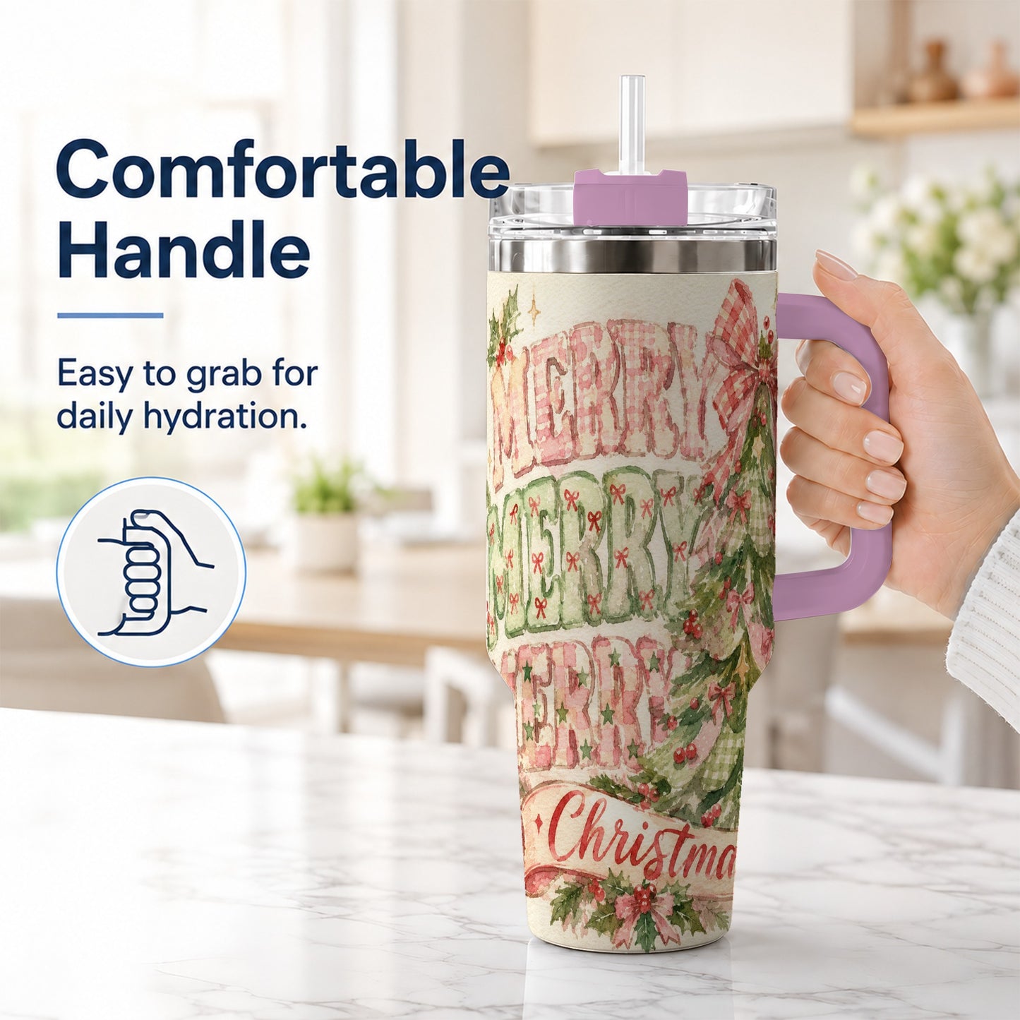 #pl[40oz|Pink] Pink Gingham Christmas Tree 40oz Tumbler with Handle, Holiday Travel Cup