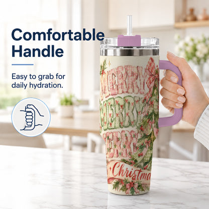 #pl[40oz|Pink] Pink Gingham Christmas Tree 40oz Tumbler with Handle, Holiday Travel Cup