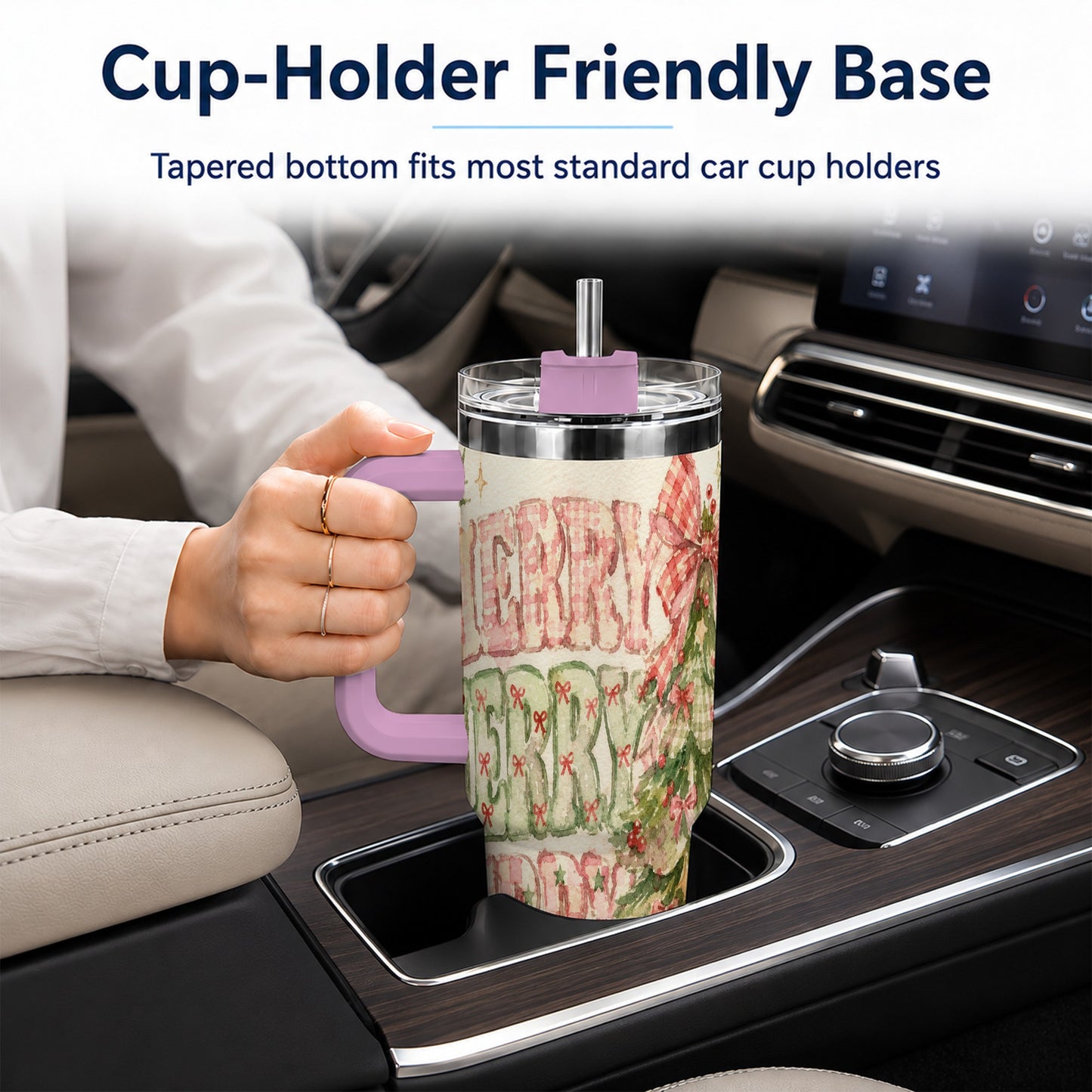 #pl[40oz|Pink] Pink Gingham Christmas Tree 40oz Tumbler with Handle, Holiday Travel Cup