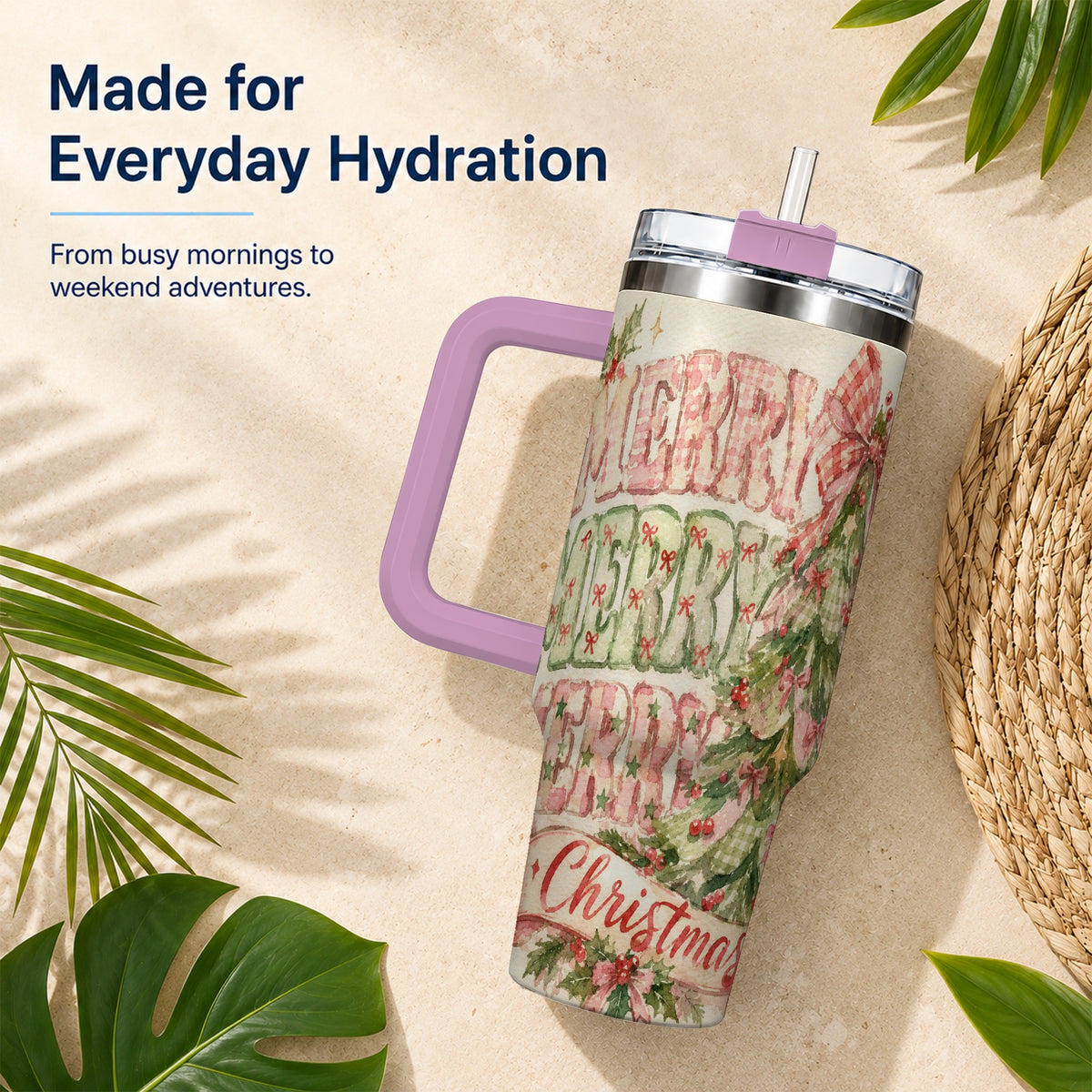 #pl[40oz|Pink] Pink Gingham Christmas Tree 40oz Tumbler with Handle, Holiday Travel Cup