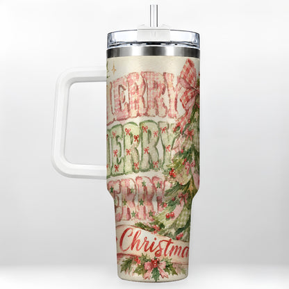 Pink Gingham Christmas Tree 40oz Tumbler with Handle, Holiday Travel Cup