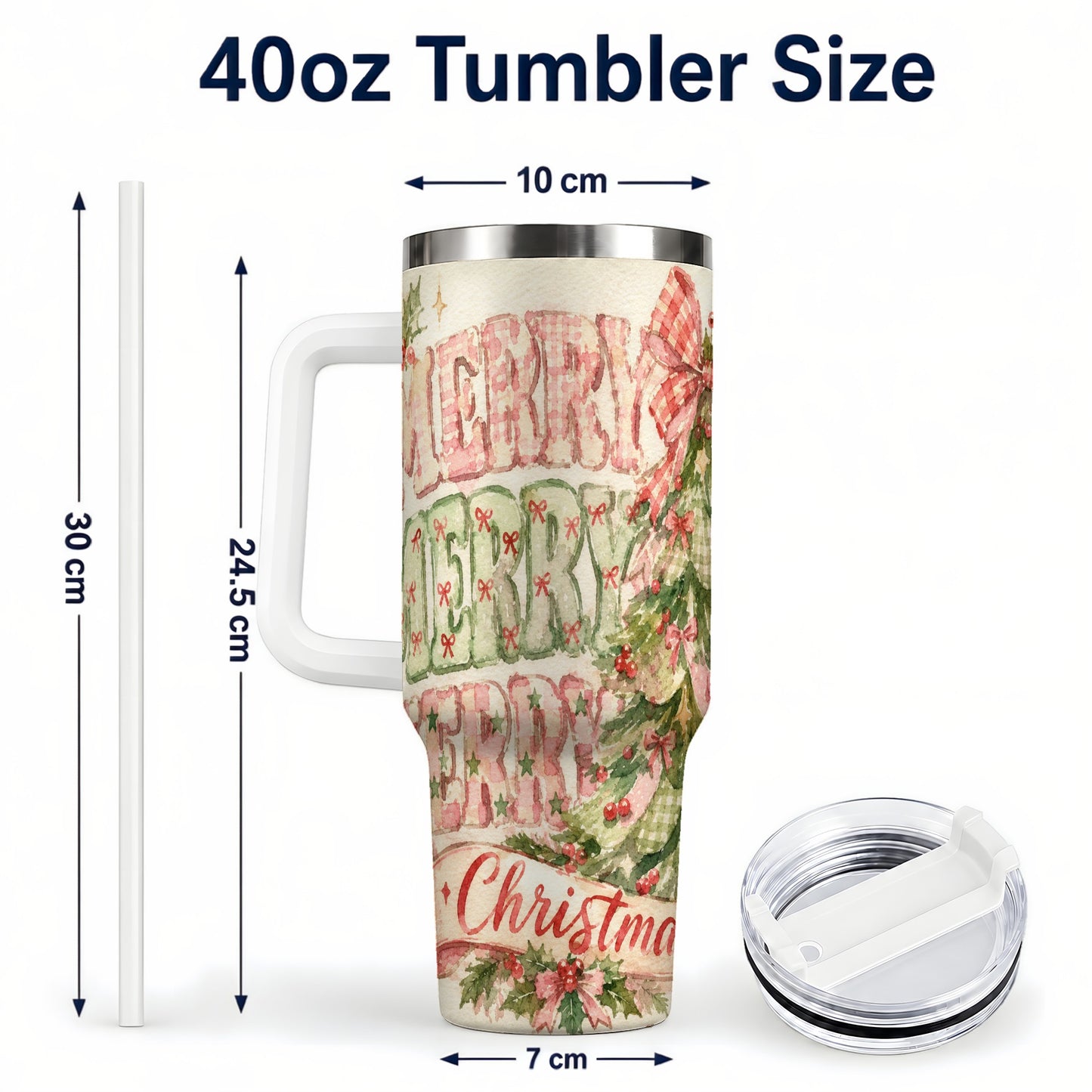 #pl[40oz|White] Pink Gingham Christmas Tree 40oz Tumbler with Handle, Holiday Travel Cup