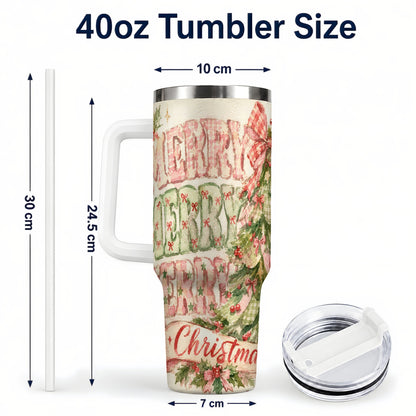 #pl[40oz|White] Pink Gingham Christmas Tree 40oz Tumbler with Handle, Holiday Travel Cup