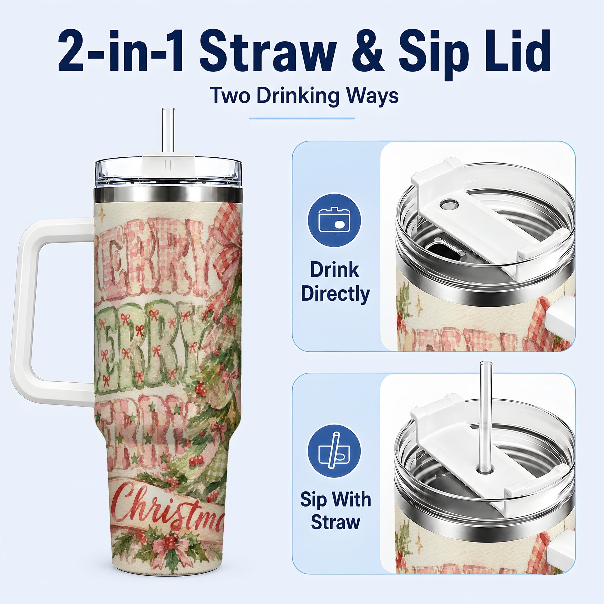 #pl[40oz|White] Pink Gingham Christmas Tree 40oz Tumbler with Handle, Holiday Travel Cup