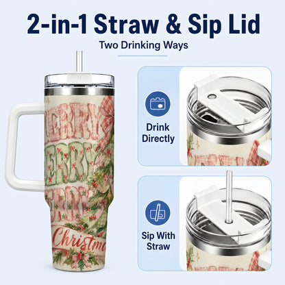 #pl[40oz|White] Pink Gingham Christmas Tree 40oz Tumbler with Handle, Holiday Travel Cup