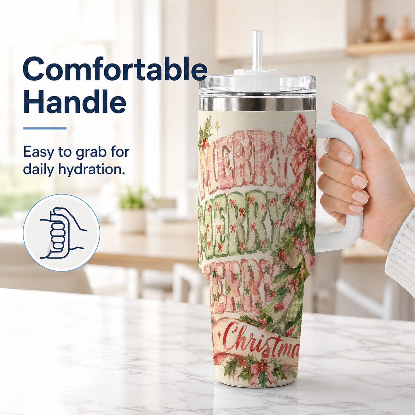 #pl[40oz|White] Pink Gingham Christmas Tree 40oz Tumbler with Handle, Holiday Travel Cup
