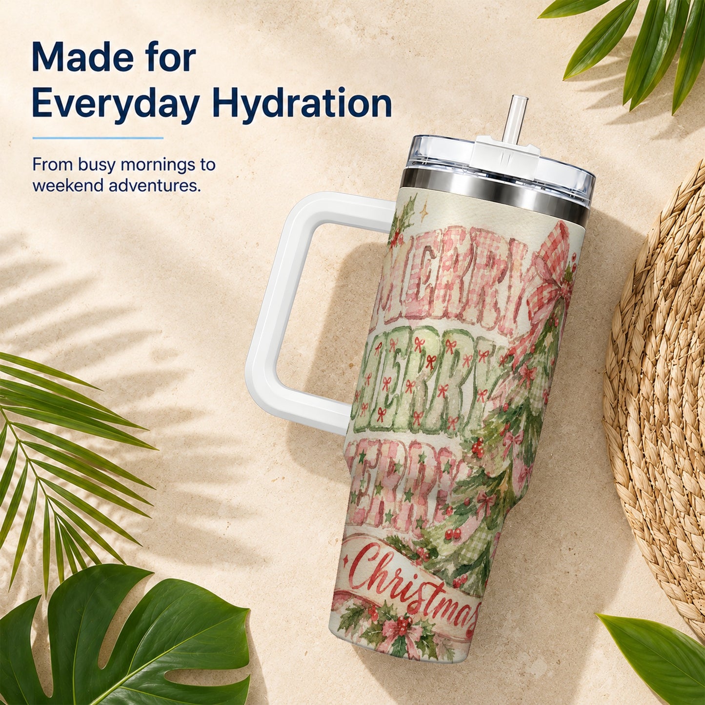 #pl[40oz|White] Pink Gingham Christmas Tree 40oz Tumbler with Handle, Holiday Travel Cup