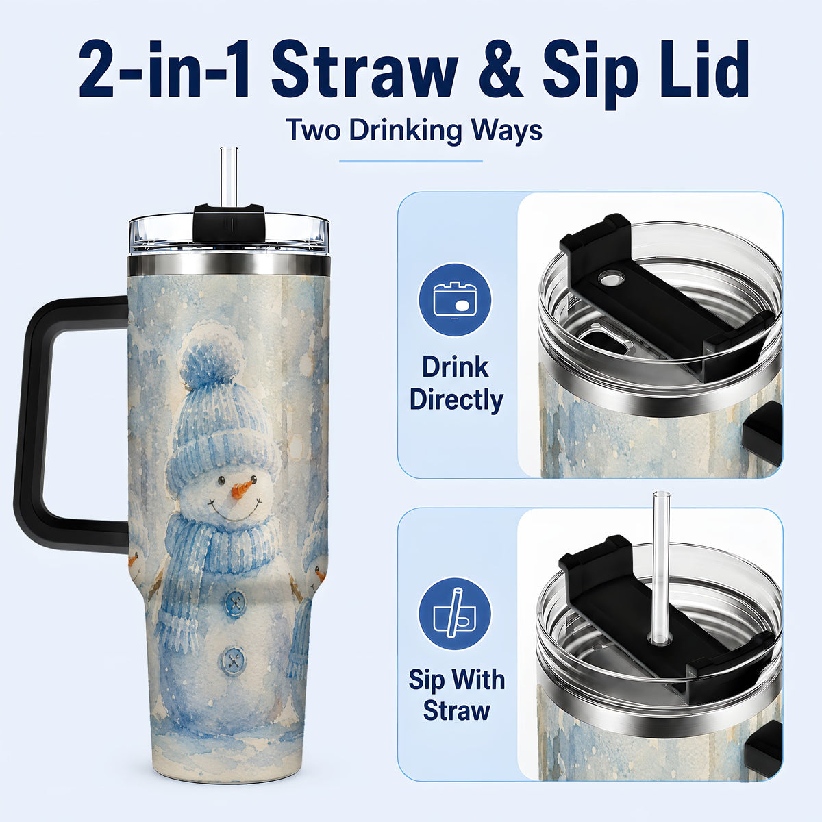 #pl[40oz|Black] Snowman Family 40oz Tumbler with Handle, Winter Travel Cup