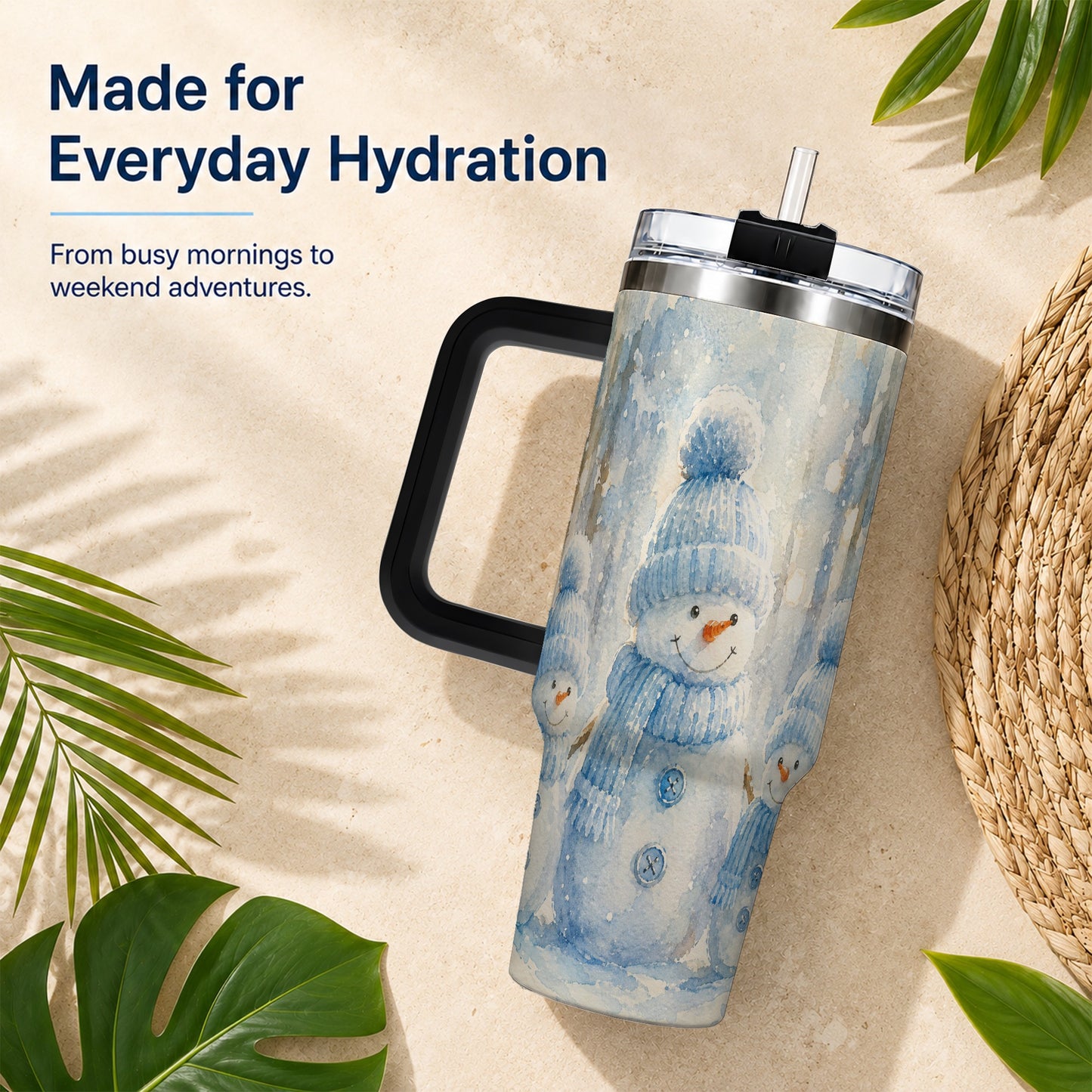#pl[40oz|Black] Snowman Family 40oz Tumbler with Handle, Winter Travel Cup