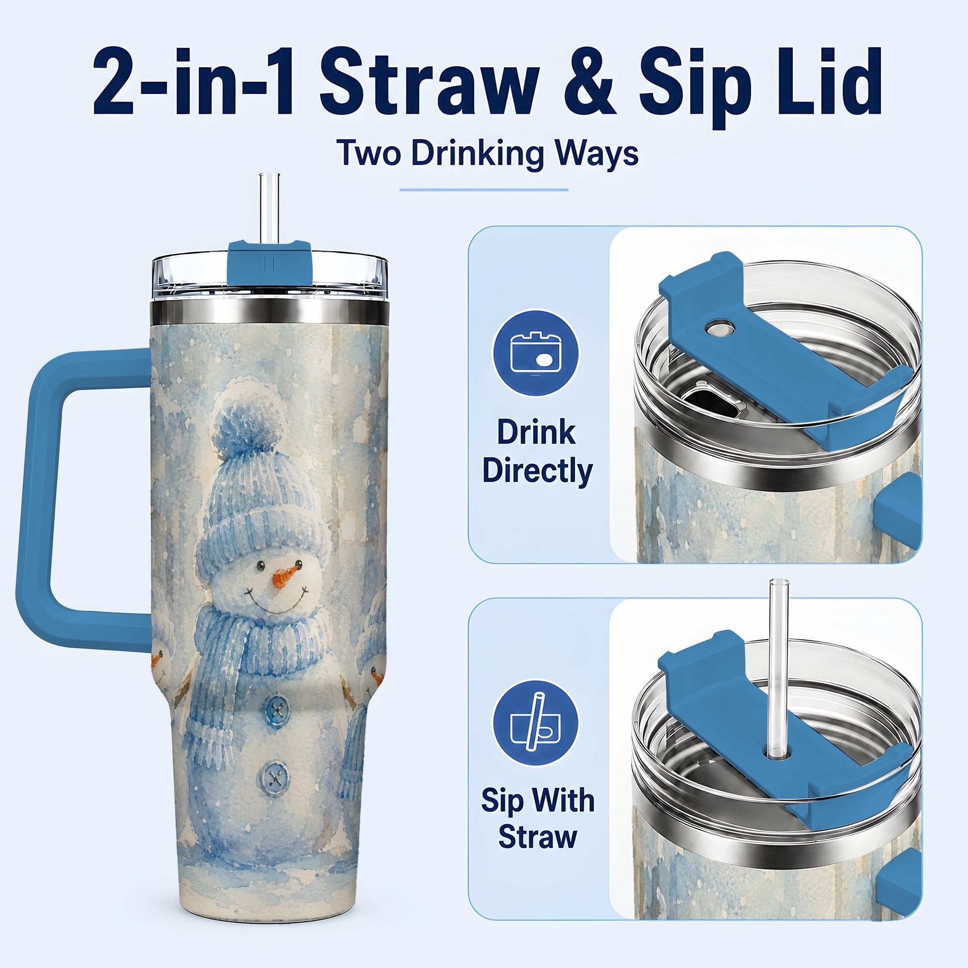 #pl[40oz|Blue] Snowman Family 40oz Tumbler with Handle, Winter Travel Cup