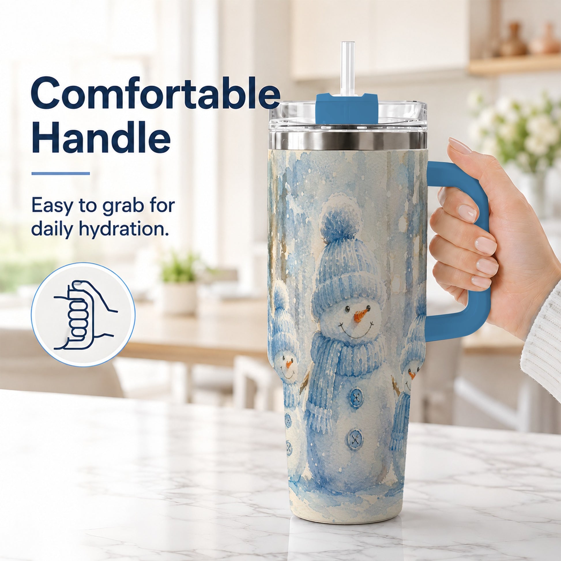 #pl[40oz|Blue] Snowman Family 40oz Tumbler with Handle, Winter Travel Cup