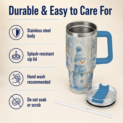 #pl[40oz|Blue] Snowman Family 40oz Tumbler with Handle, Winter Travel Cup