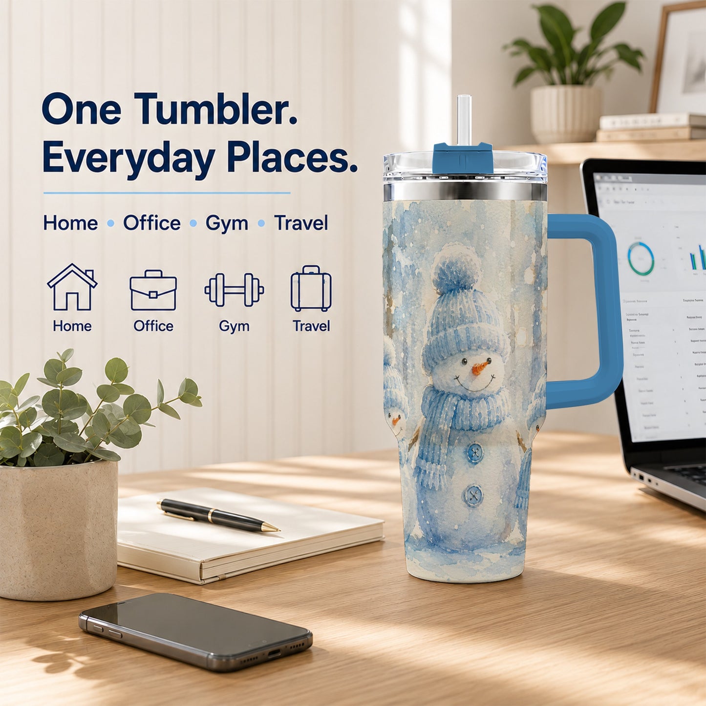 #pl[40oz|Blue] Snowman Family 40oz Tumbler with Handle, Winter Travel Cup