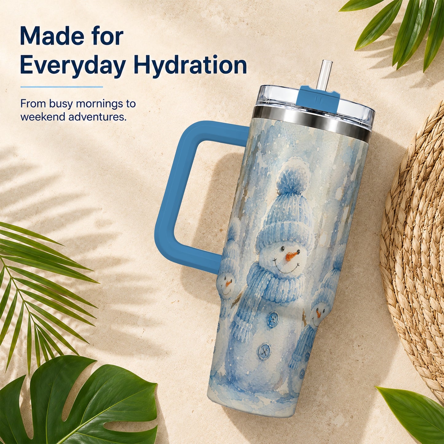 #pl[40oz|Blue] Snowman Family 40oz Tumbler with Handle, Winter Travel Cup