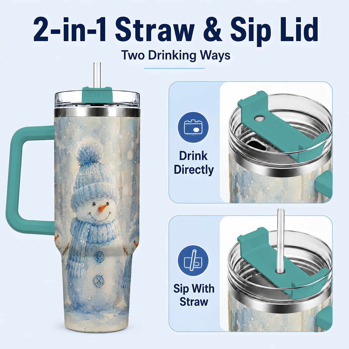 #pl[40oz|Green] Snowman Family 40oz Tumbler with Handle, Winter Travel Cup