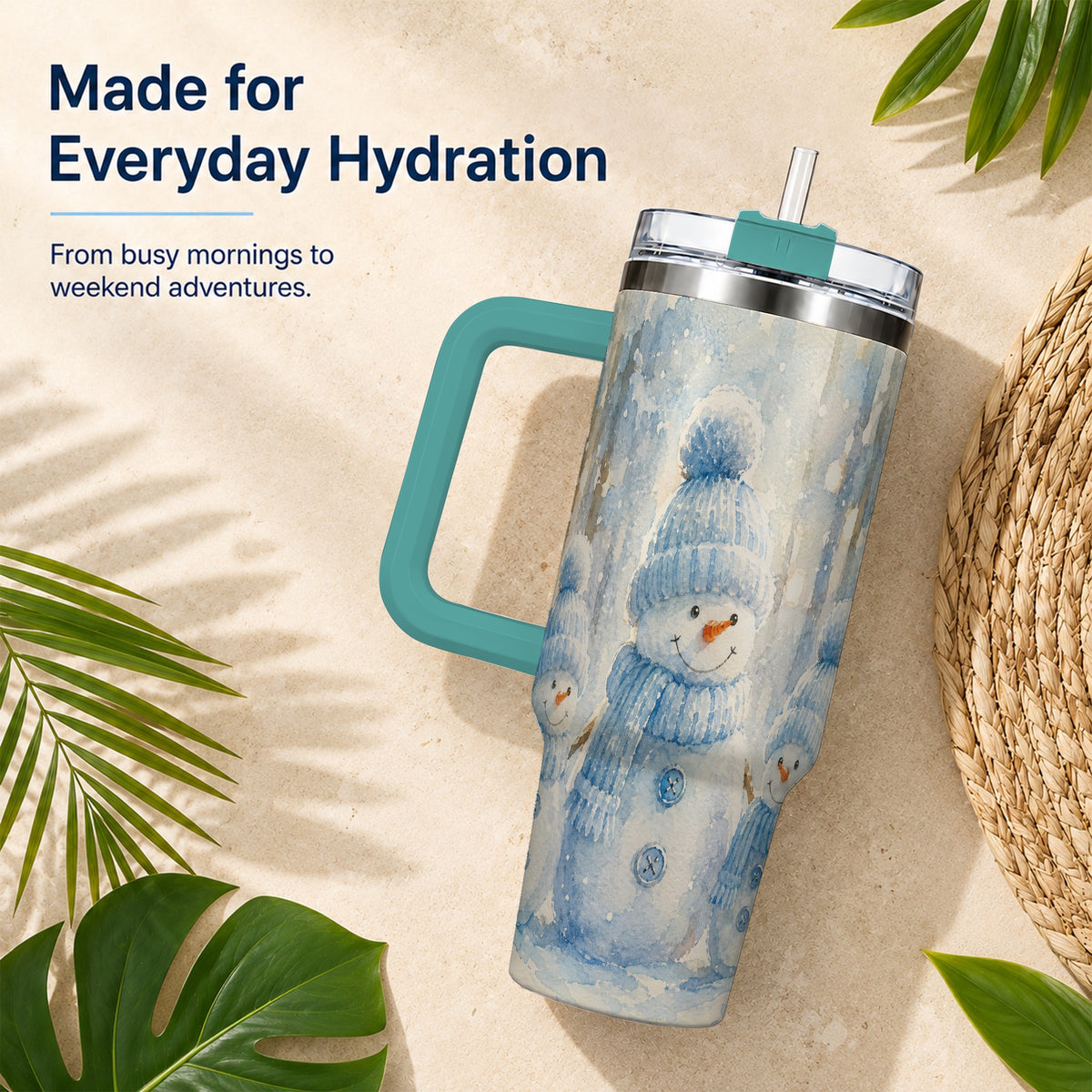 #pl[40oz|Green] Snowman Family 40oz Tumbler with Handle, Winter Travel Cup