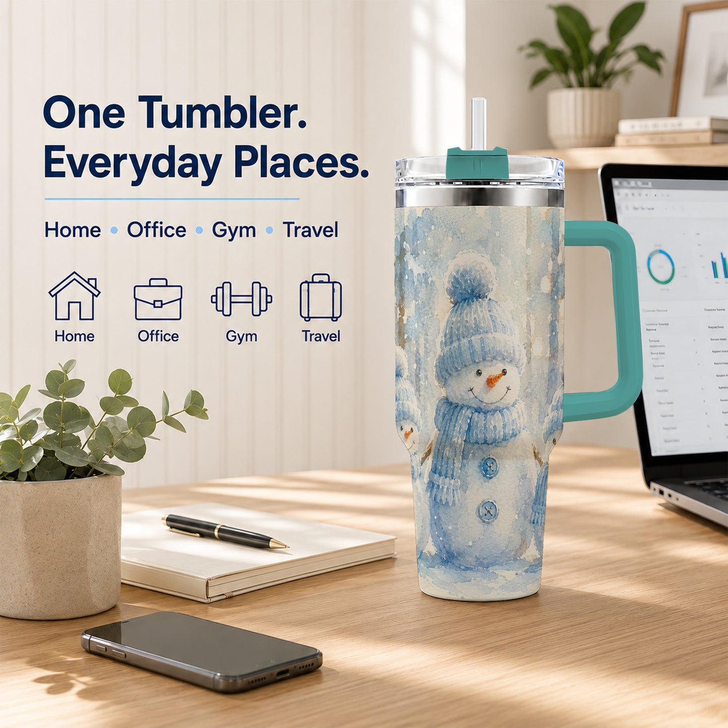 #pl[40oz|Green] Snowman Family 40oz Tumbler with Handle, Winter Travel Cup