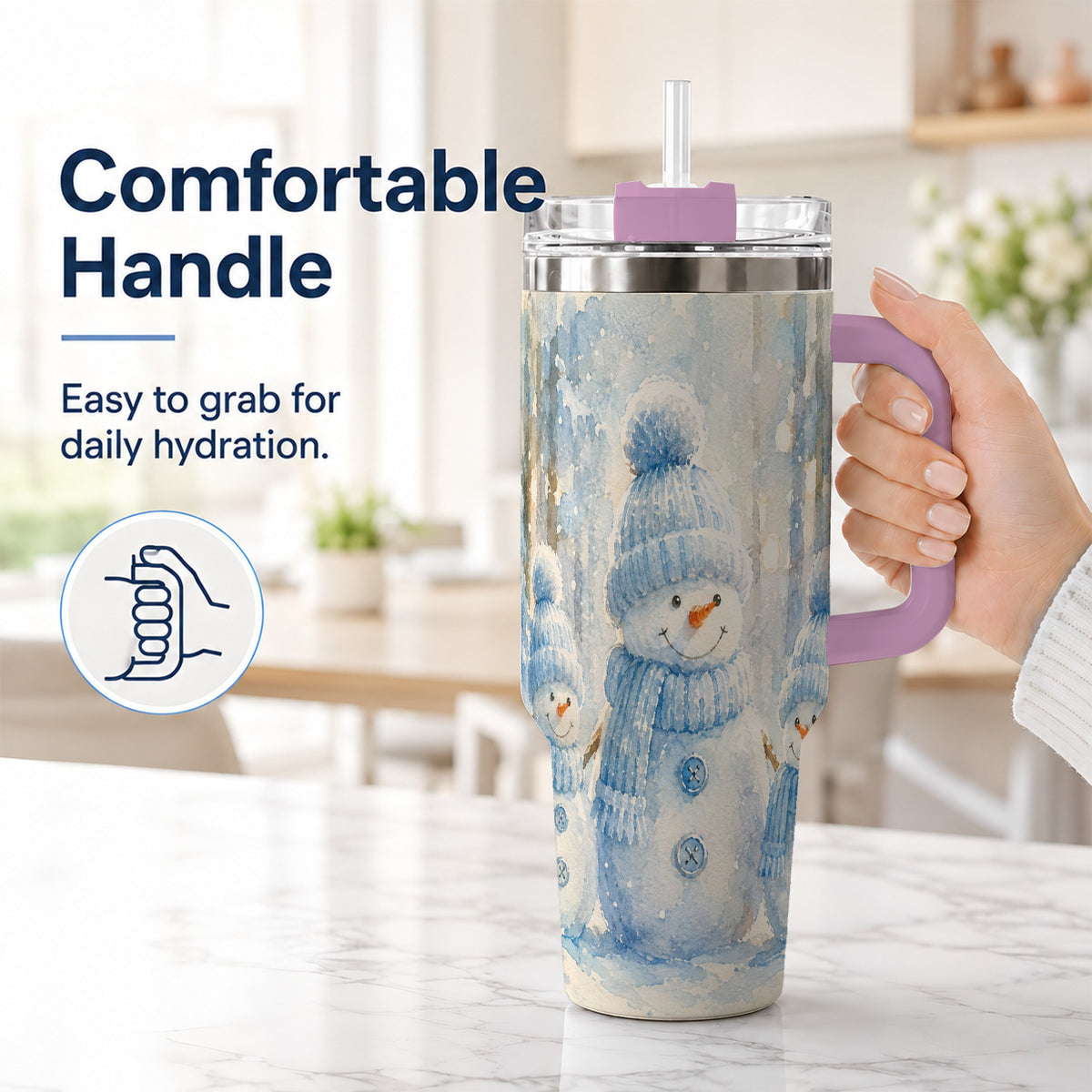 #pl[40oz|Pink] Snowman Family 40oz Tumbler with Handle, Winter Travel Cup