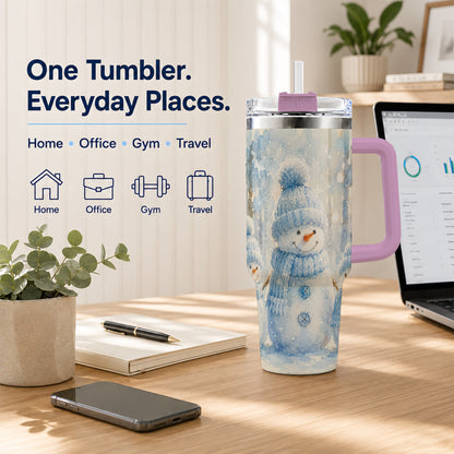 #pl[40oz|Pink] Snowman Family 40oz Tumbler with Handle, Winter Travel Cup