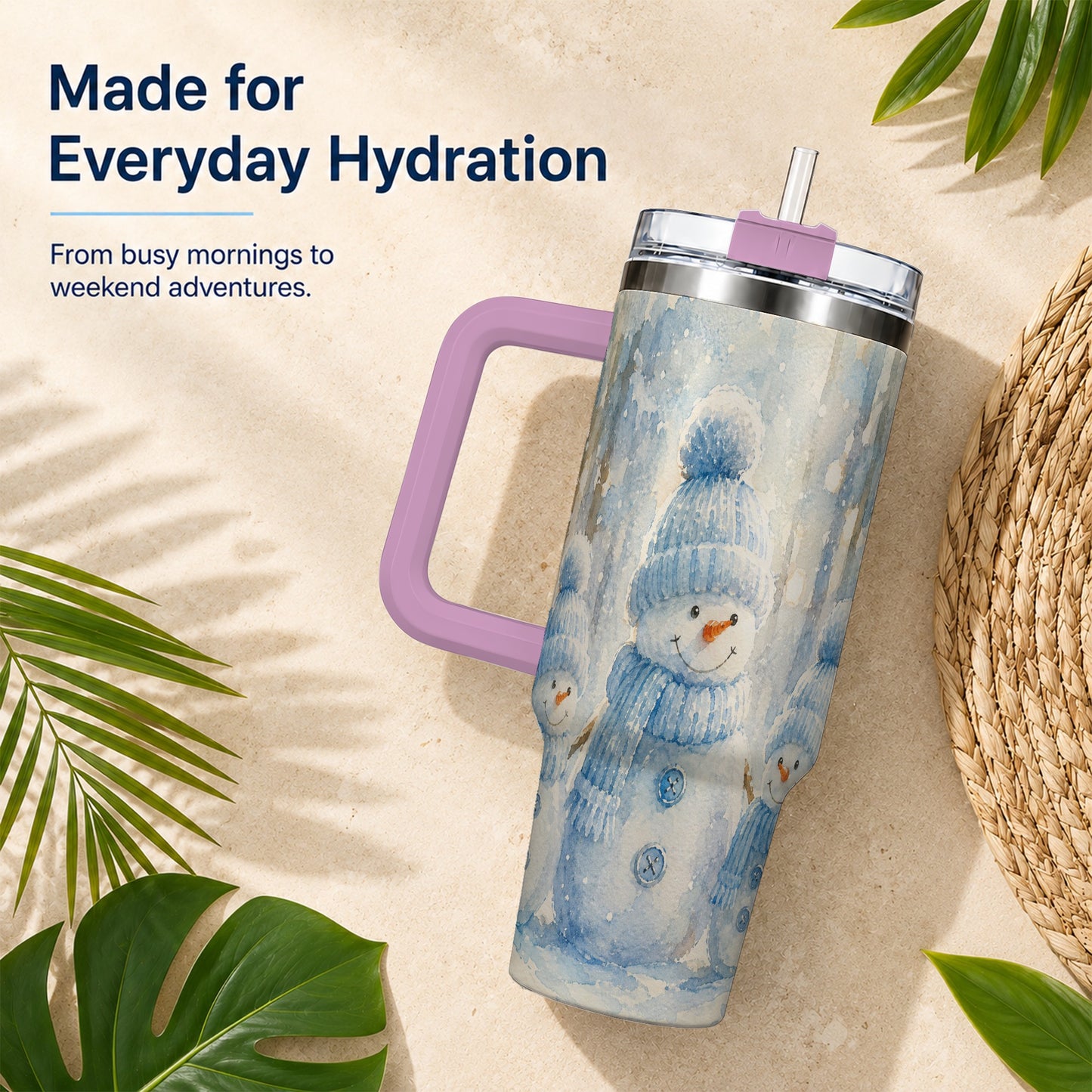#pl[40oz|Pink] Snowman Family 40oz Tumbler with Handle, Winter Travel Cup
