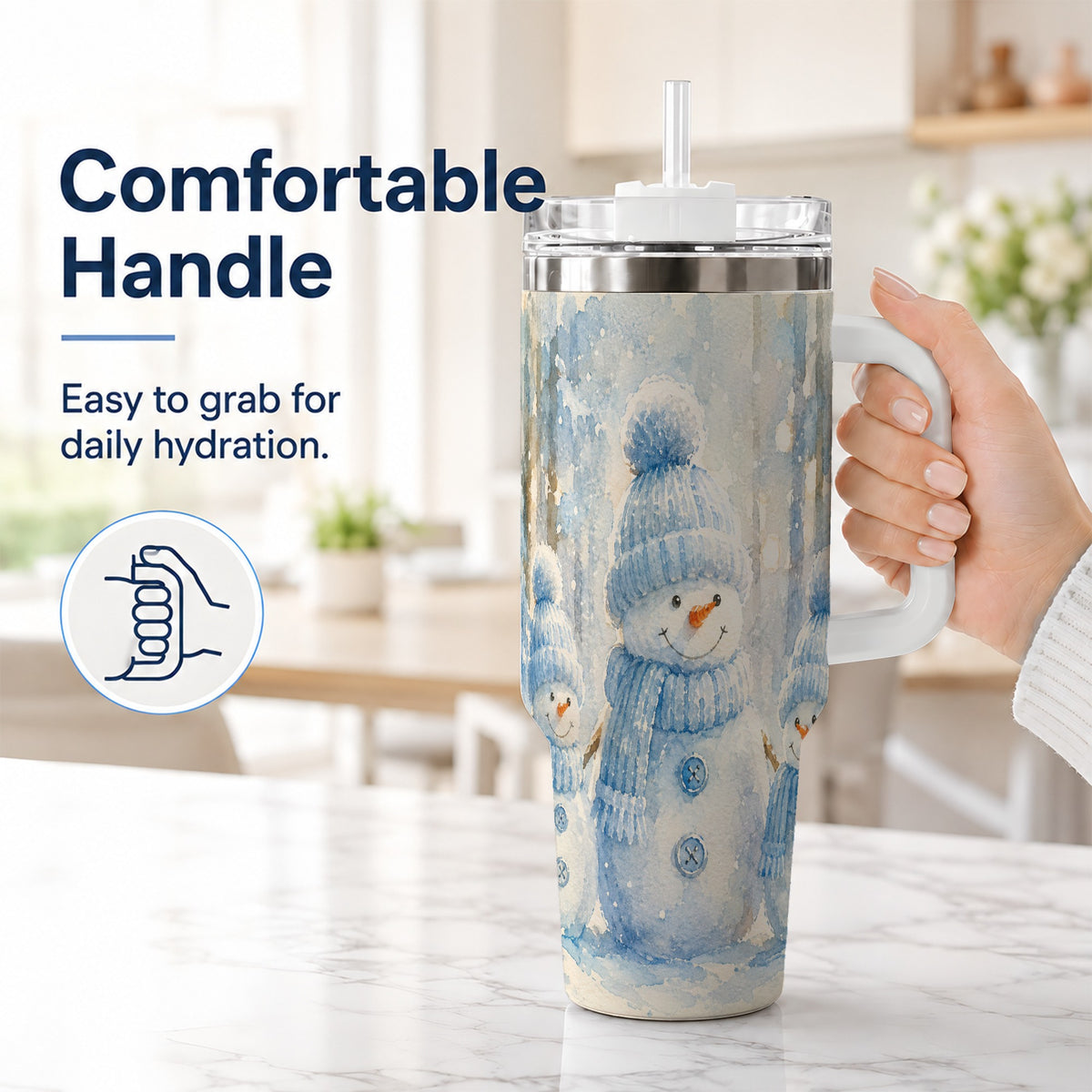 #pl[40oz|White] Snowman Family 40oz Tumbler with Handle, Winter Travel Cup