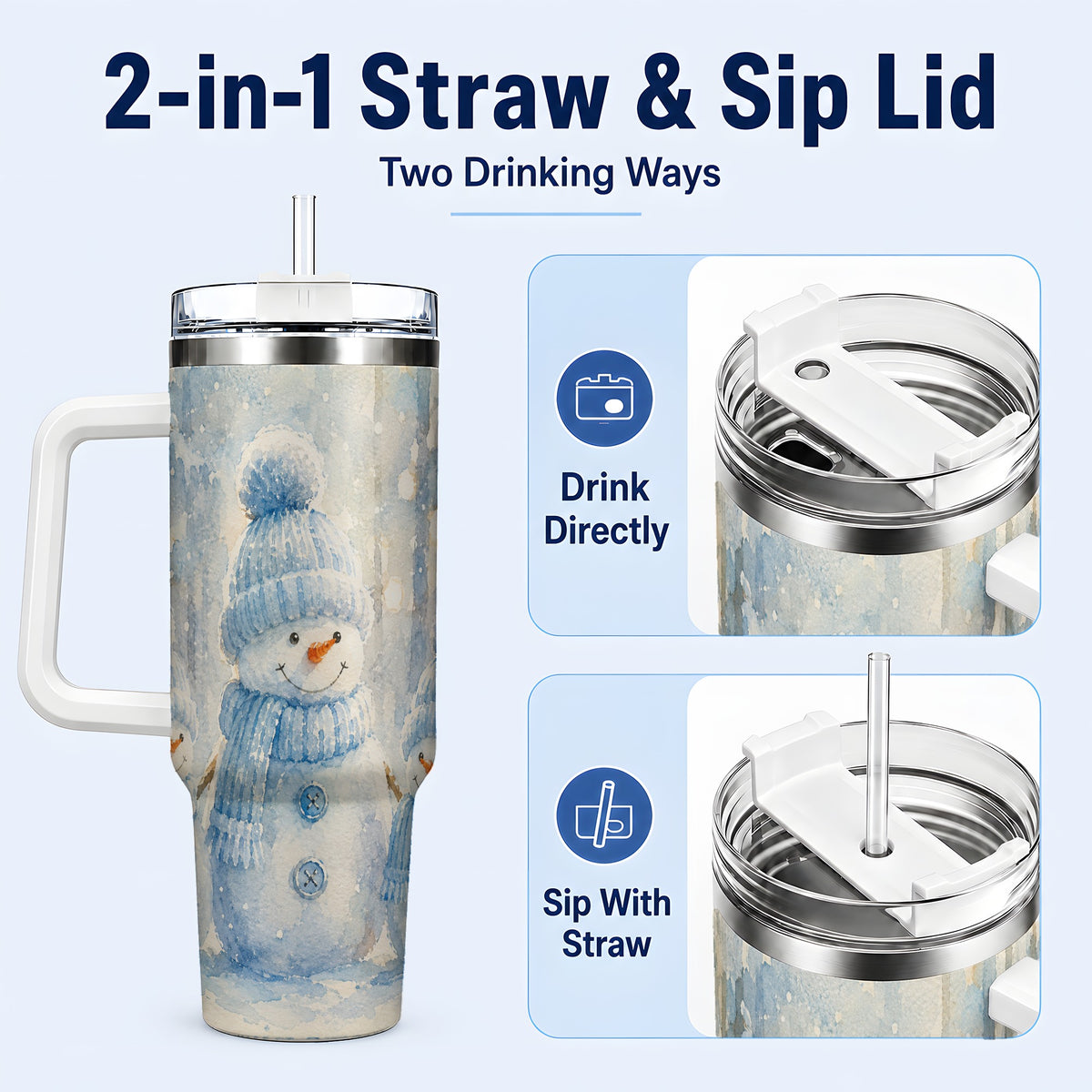 #pl[40oz|White] Snowman Family 40oz Tumbler with Handle, Winter Travel Cup
