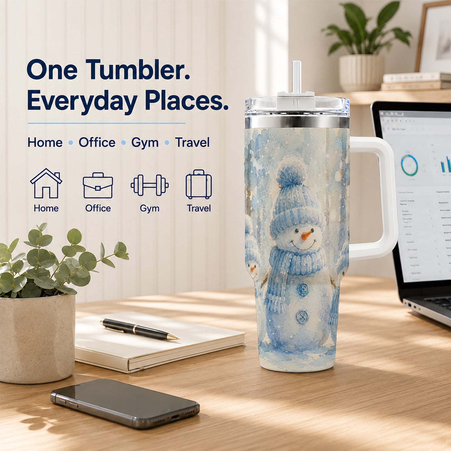 #pl[40oz|White] Snowman Family 40oz Tumbler with Handle, Winter Travel Cup