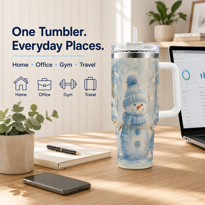 #pl[40oz|White] Snowman Family 40oz Tumbler with Handle, Winter Travel Cup