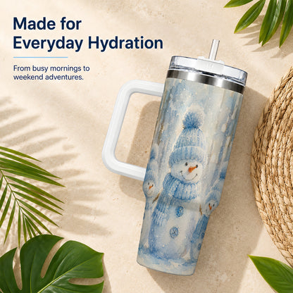 #pl[40oz|White] Snowman Family 40oz Tumbler with Handle, Winter Travel Cup