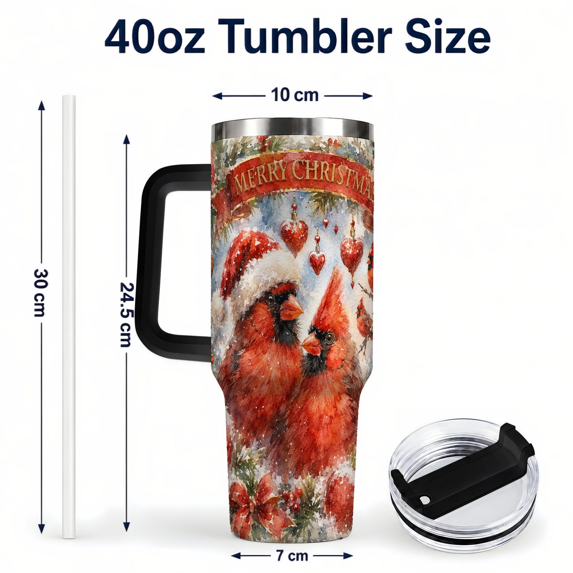 #pl[40oz|Black] Christmas Cardinals 40oz Tumbler with Handle, Winter Bird Travel Cup