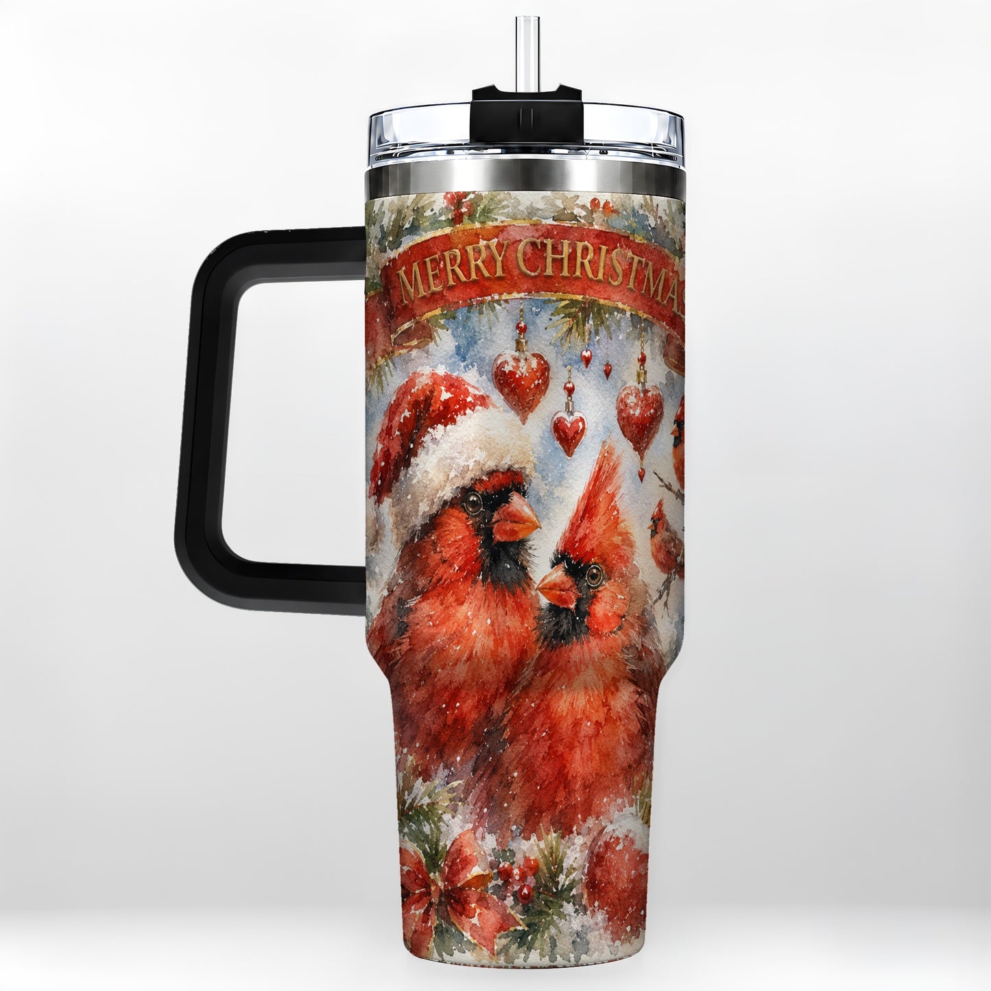 #pl[40oz|Black] Christmas Cardinals 40oz Tumbler with Handle, Winter Bird Travel Cup