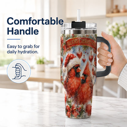 #pl[40oz|Black] Christmas Cardinals 40oz Tumbler with Handle, Winter Bird Travel Cup