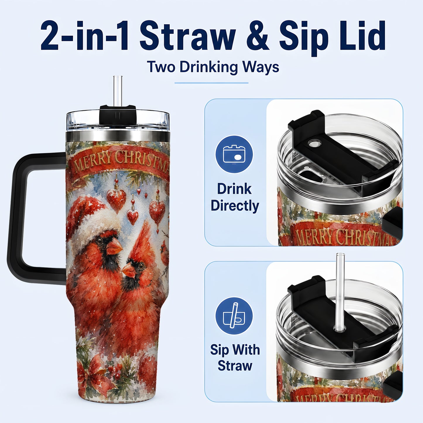 #pl[40oz|Black] Christmas Cardinals 40oz Tumbler with Handle, Winter Bird Travel Cup
