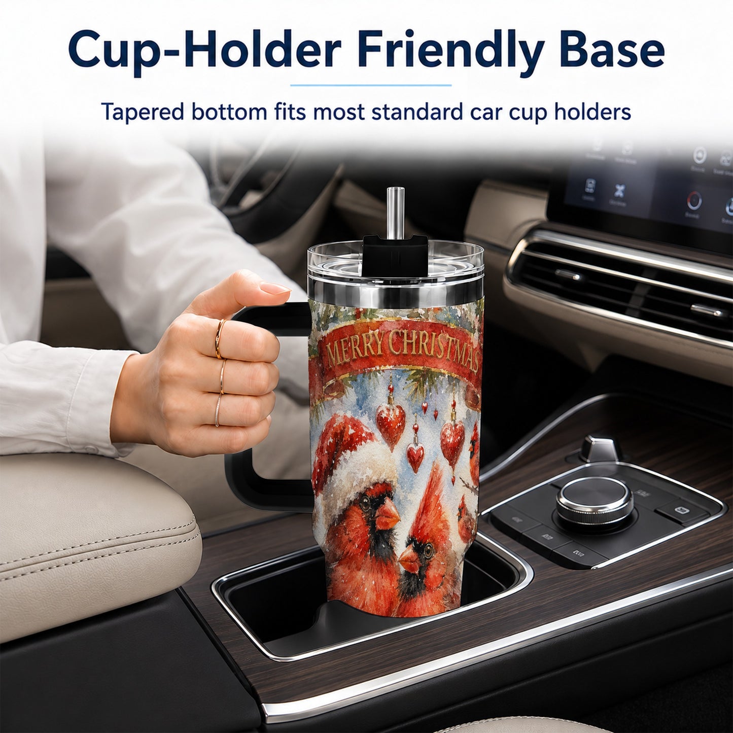 #pl[40oz|Black] Christmas Cardinals 40oz Tumbler with Handle, Winter Bird Travel Cup