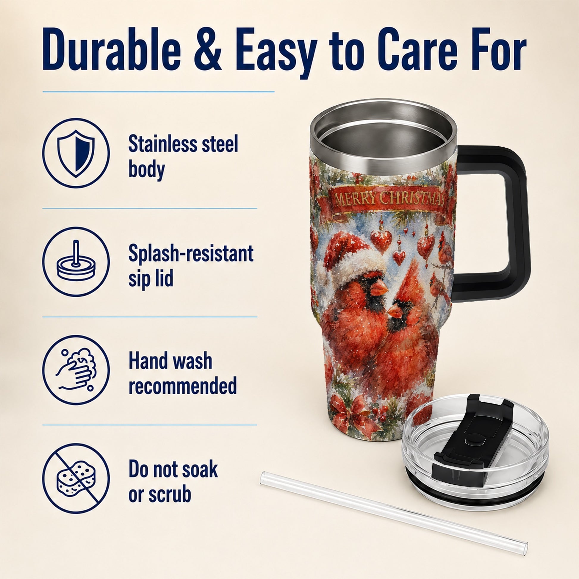 #pl[40oz|Black] Christmas Cardinals 40oz Tumbler with Handle, Winter Bird Travel Cup