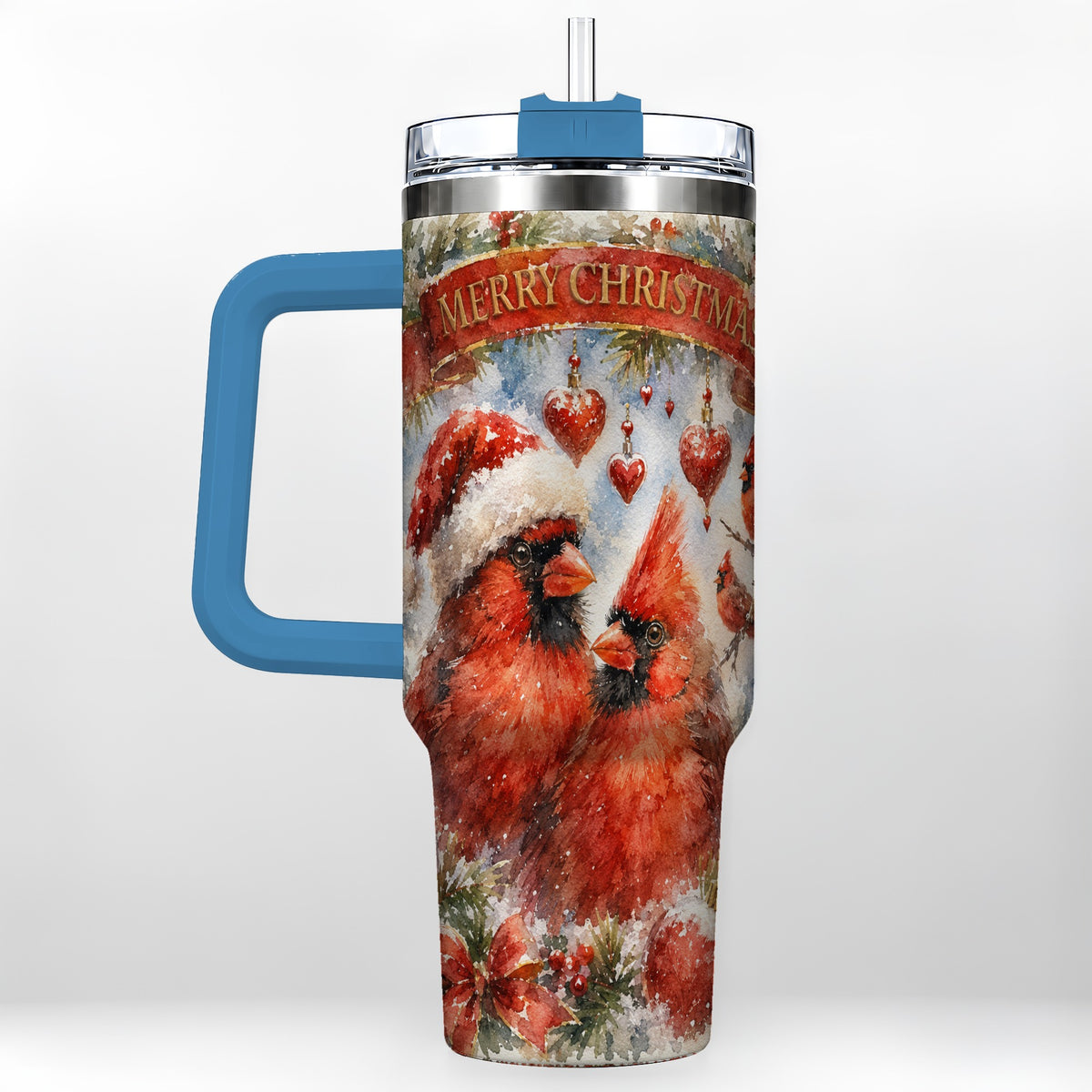#pl[40oz|Blue] Christmas Cardinals 40oz Tumbler with Handle, Winter Bird Travel Cup