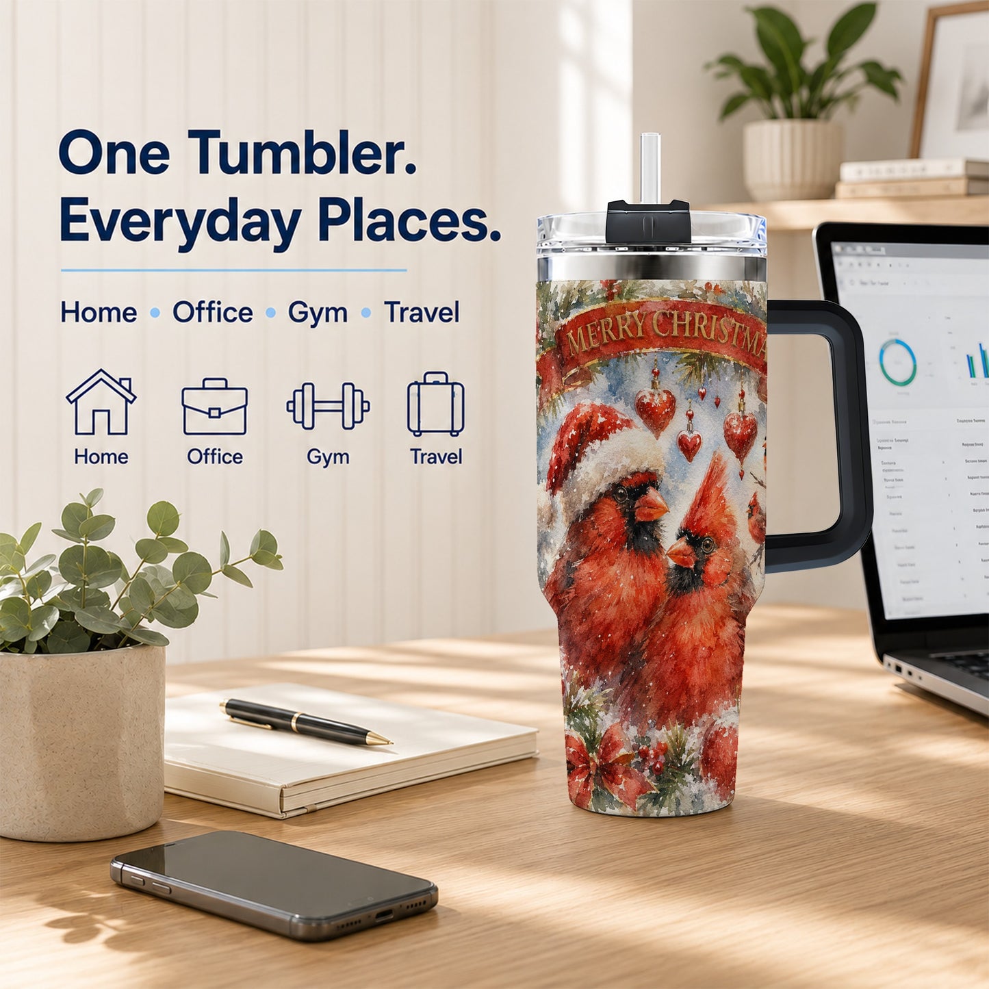 #pl[40oz|Black] Christmas Cardinals 40oz Tumbler with Handle, Winter Bird Travel Cup