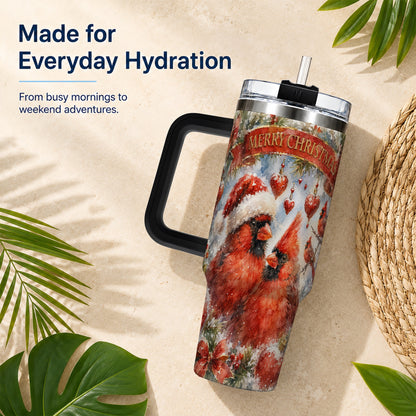 #pl[40oz|Black] Christmas Cardinals 40oz Tumbler with Handle, Winter Bird Travel Cup